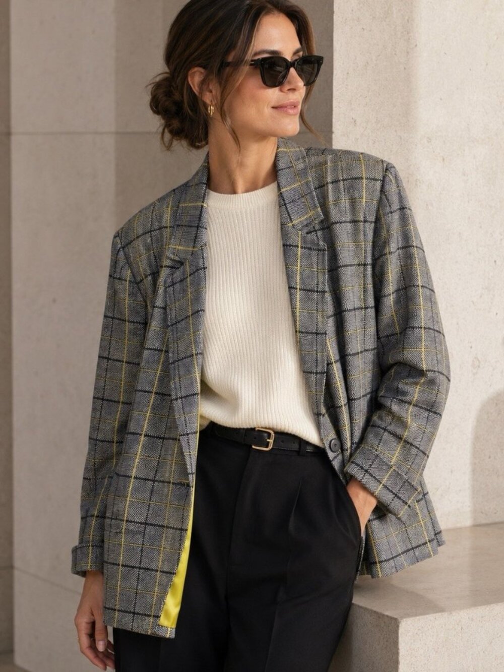 VTG Laurel By Escada Blazer 40 Linen Wool Oversized Slouchy Glen Plaid Academia